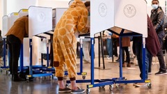 ニューヨークのブルックリン博物館でキリン柄の服装で投票を行う有権者＝１０月３１日