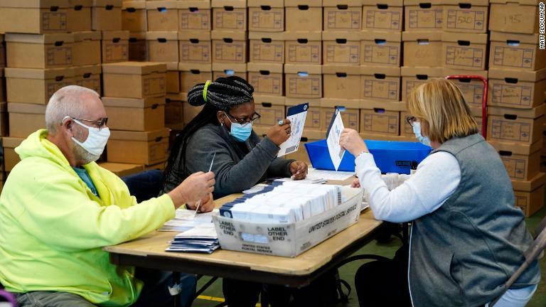 ペンシルベニア州ウェストチェスターで郵送された不在者投票を処理する/Matt Slocum/AP