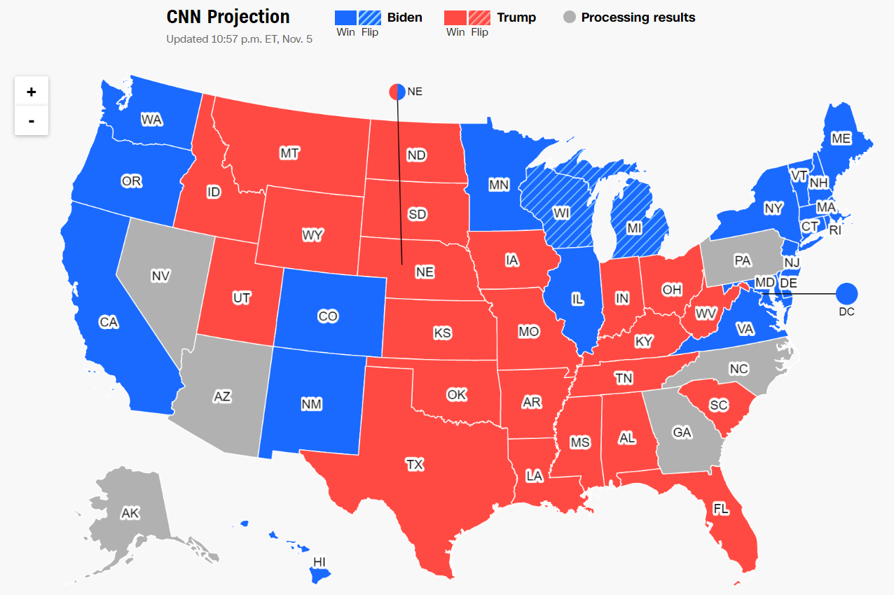 ＣＮＮの各候補者の選挙人の獲得予想。青色はバイデン氏、赤色はトランプ氏が勝利した州及び地区/CNN