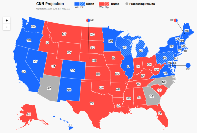 ＣＮＮ予測による各州で勝利を確実にした候補者のマップ。赤色はトランプ氏、青色はバイデン氏、灰色はまだ勝者が判明していない地域を示す（日本時間１１月１２日午後６時時点）/CNN