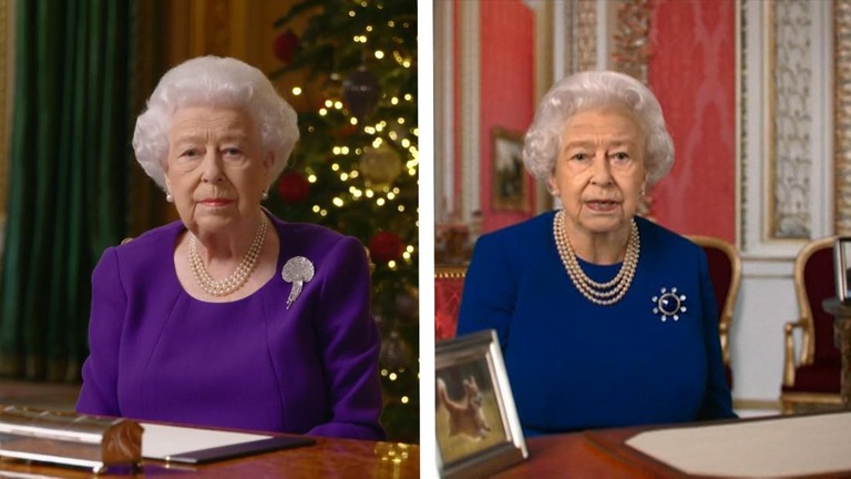 本物のエリザベス女王（左）の演説の後、ディープフェイクの女王がテレビに登場