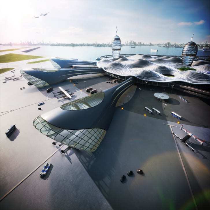 スペースポートは飛行機のように水平に離陸する弾道飛行の宇宙船用の空港の設計となっている/Space Port Japan Association, Dentsu, Canaria and Noiz Architects