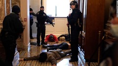 議会警察が下院議場の前で暴徒を拘束