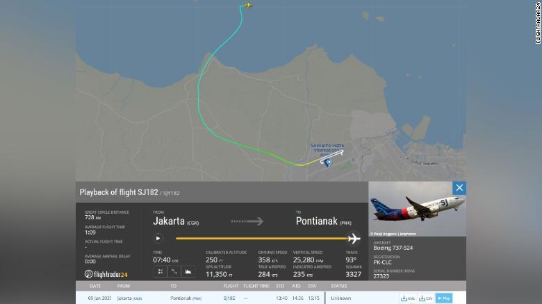 スリウィジャヤ航空の旅客機が交信を絶つ瞬間の飛行情報を表示した「フライトレーダー２４」の画面/FlightRadar24