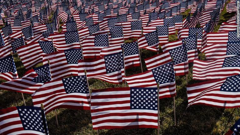 ナショナルモールに並ぶ国旗＝１９日/Stephanie Keith/Getty Images
