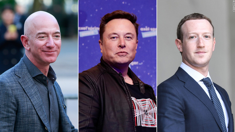 （写真左から）ジェフ・ベゾス氏、イーロン・マスク氏、マーク・ザッカーバーグ氏/Getty Images