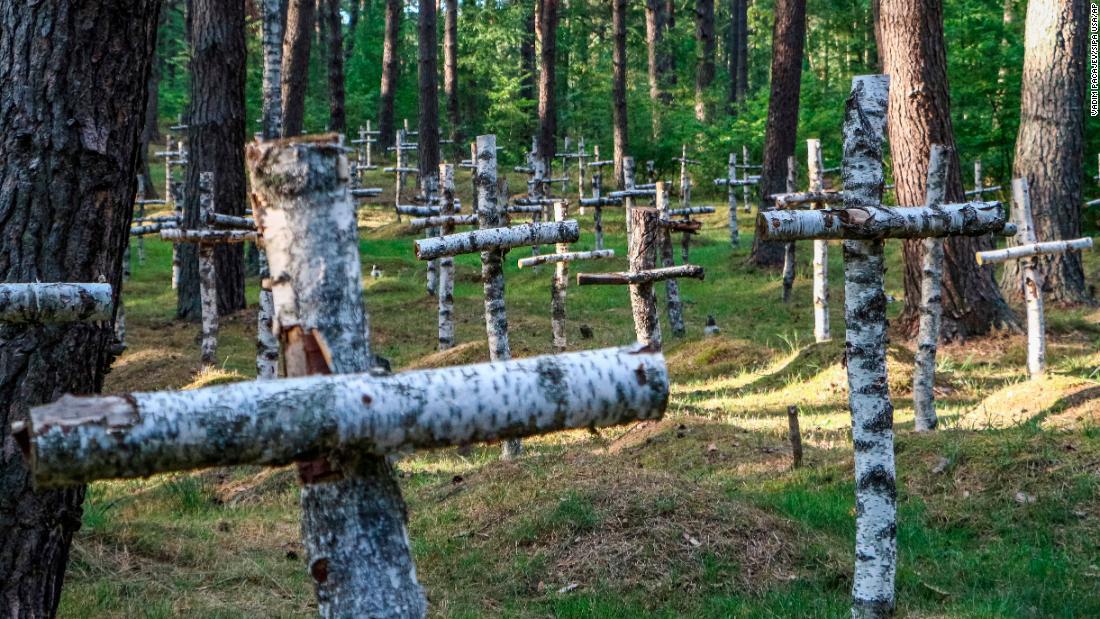 カバノキの十字架はグロスボルンで収監され死亡した兵士の墓を示す/Vadim Pacajev/Sipa USA/AP