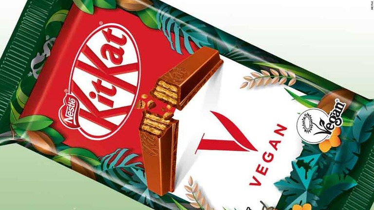 ネスレがビーガン（完全菜食主義）向けに製造した新製品「キットカットＶ」を発表した/Nestle