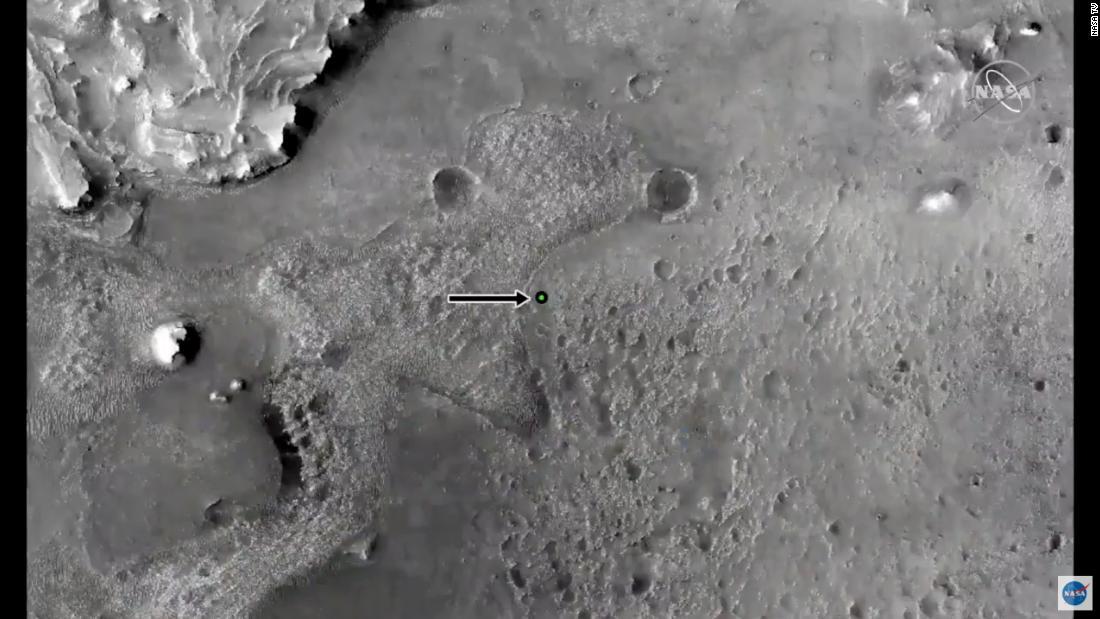 パーサビアランスの着陸地点を示した画像/NASA TV
