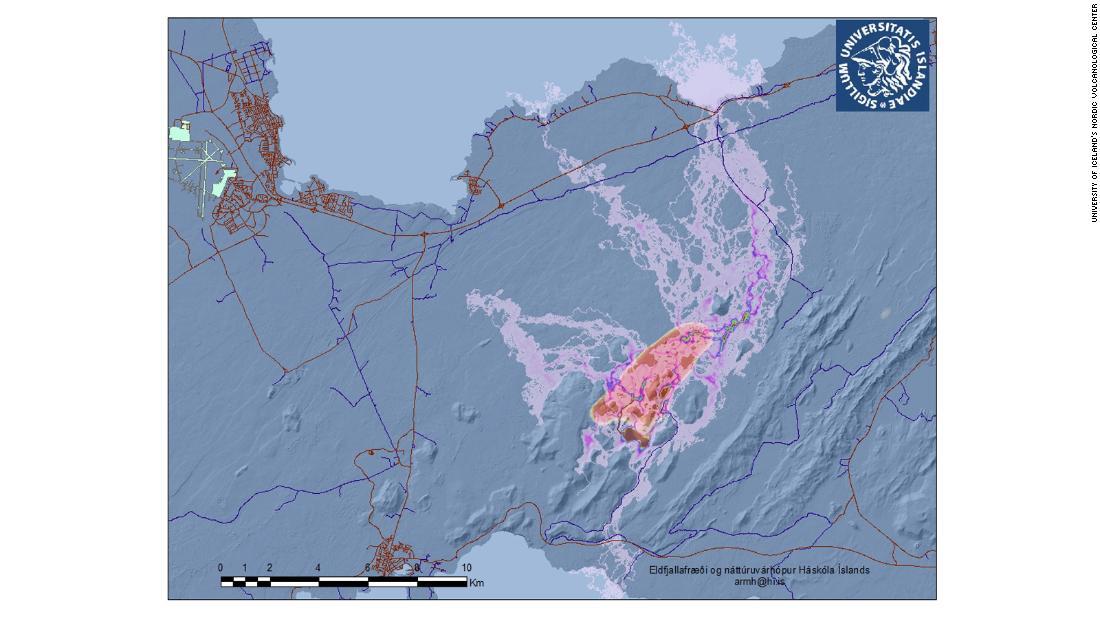 アイスランド大学ノルディック火山センターの研究者が作成したレイキャネス半島での溶岩の流れのモデル/University of Iceland's Nordic Volcanological Center