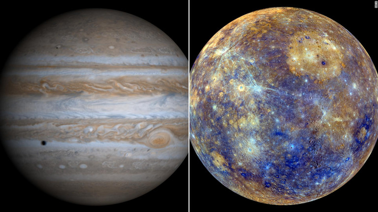 木星（左）と水星が米国時間５日朝に空に並んで見えるという/From NASA