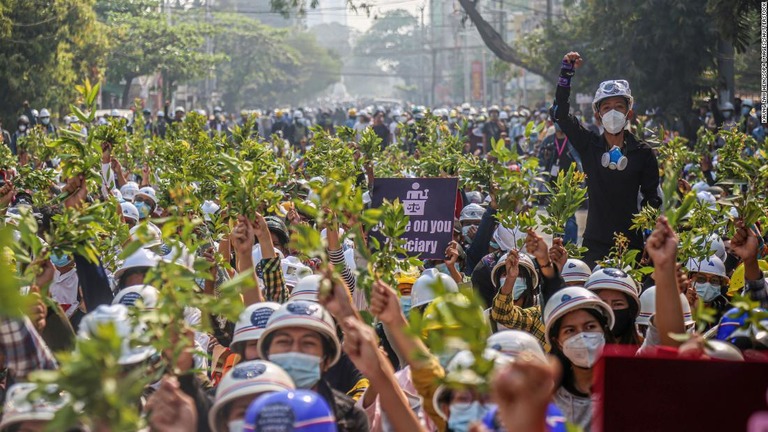 木の枝を持ってクーデター反対のデモに参加する人々＝７日、マンダレー/Kaung Zaw Hein/SOPA Images/Shutterstock
