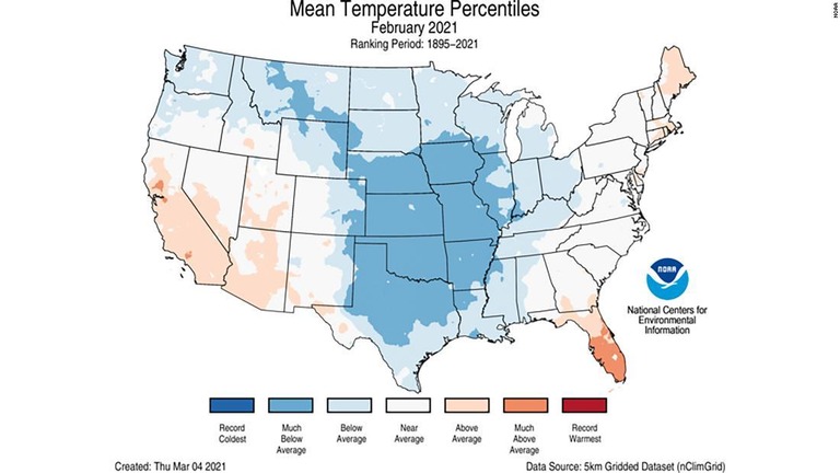 米国の２月の平均気温は３０年超ぶりの寒さを記録した/NOAA