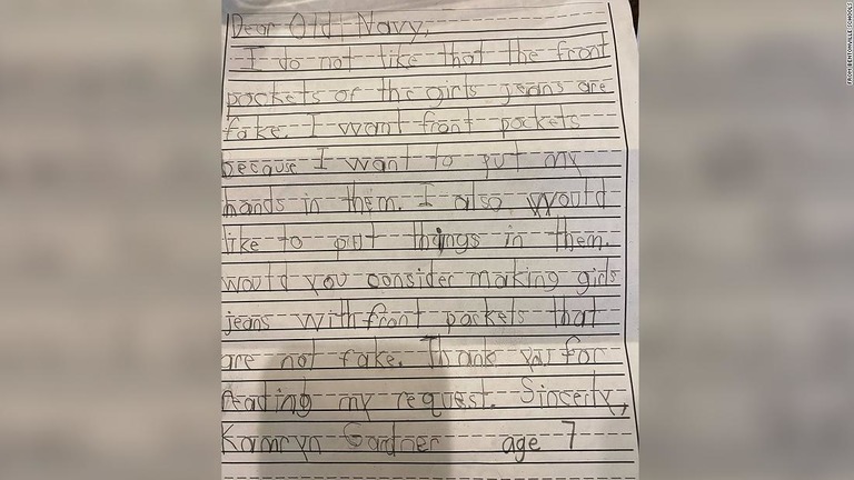 １年生の女の子が、ジーンズに「本物のポケット」をつけてほしいという要望を送り、その願いがかなえられる出来事があった/From Bentonville Schools