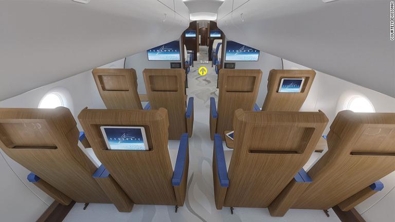 現代の航空機デザインの流行を踏襲し、座席の背もたれには従来のような座席裏のモニターではなく、個人の電子機器を置くスペースを設けた/Courtesy Exosonic
