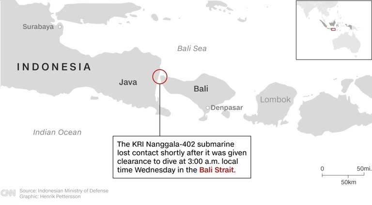 潜水艦はインド洋とバリ海をつなぐバリ海峡での訓練に参加していた/Source:Indonesian Ministry of Defense Graphic:Henrik Pettersson