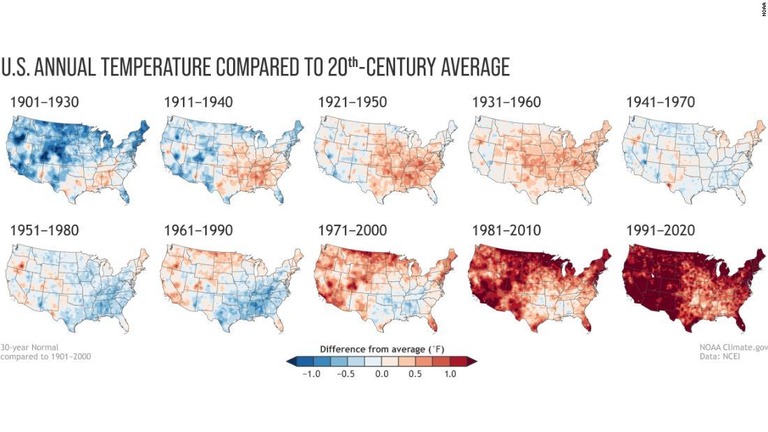 ２０世紀以降、３０年間の統計を反映させた米国の１０年ごとの「気候状態」/NOAA