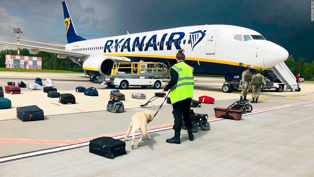 緊急着陸したライアンエア機の乗客の荷物を調べる探知犬=23日/ONLINER.BY via AP