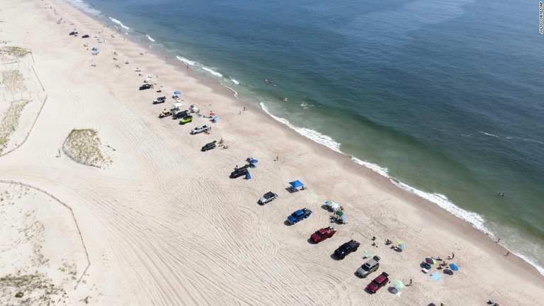 デラウェア州リホボスビーチで車を止め海を楽しむ人々＝２０２０年７月１８日/Julio Cortez/AP