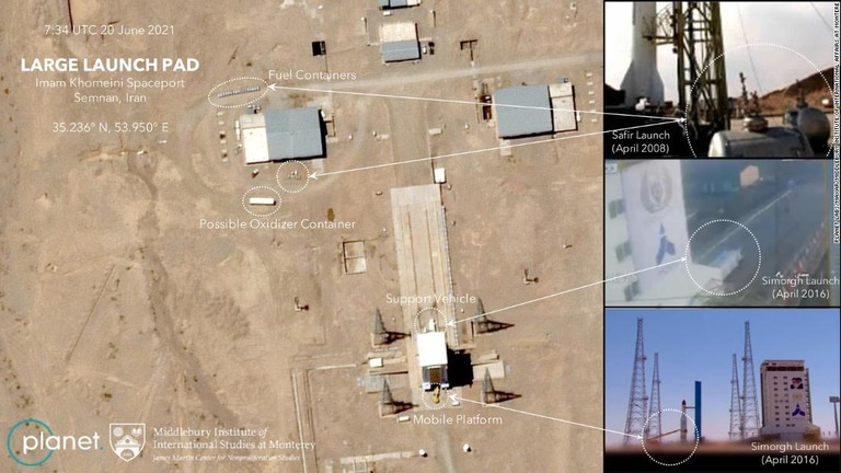 新たな打ち上げが間近に迫っているとみられるイランの宇宙基地の衛星画像/Planet Labs/Maxar/Middlebury Institute of International Affairs at Montere