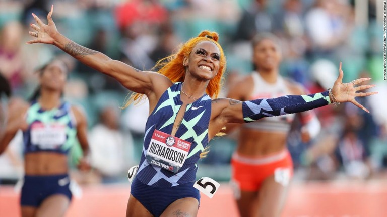 五輪米代表選考会女子１００メートル決勝で優勝したシャカリ・リチャードソン＝６月１９日、オレゴン州ユージーン/Patrick Smith/Getty Images North America/Getty Images