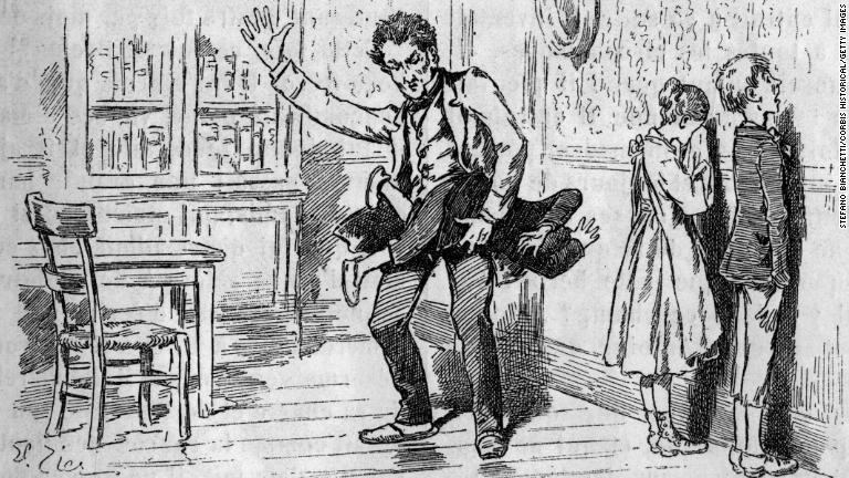 1903年から35年まで刊行されたフランスの若者向け週刊誌の中のイラスト。学校教師が生徒1人の尻を叩く間、他の2人は壁の方を向いて、自分たちの番が来るのを待っている/Stefano Bianchetti/Corbis Historical/Getty Images