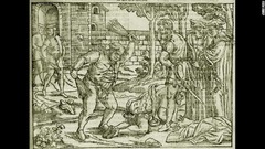 むちで尻を叩く罰は大人に対しても行われていた。この銅版画は１５６３年の「殉教者列伝」に掲載された。ロンドン司教エドマンド・ボナーが異端者を罰している