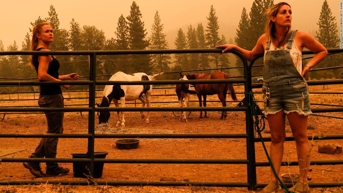 牧場の馬を避難させるためトレーラーを待つ住民たち=24日、カリフォルニア州クレセントミルズ/David Odisho/Bloomberg/Getty Images