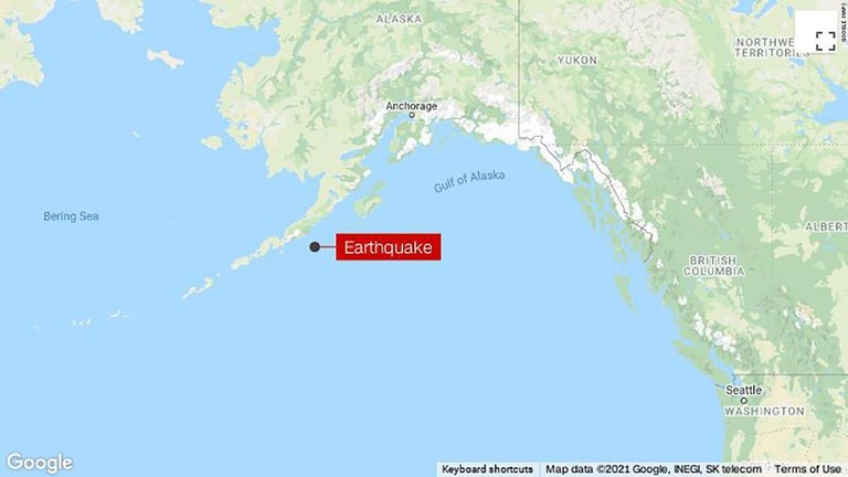 米アラスカ南西沖を震源地とする地震が発生した/Google Maps