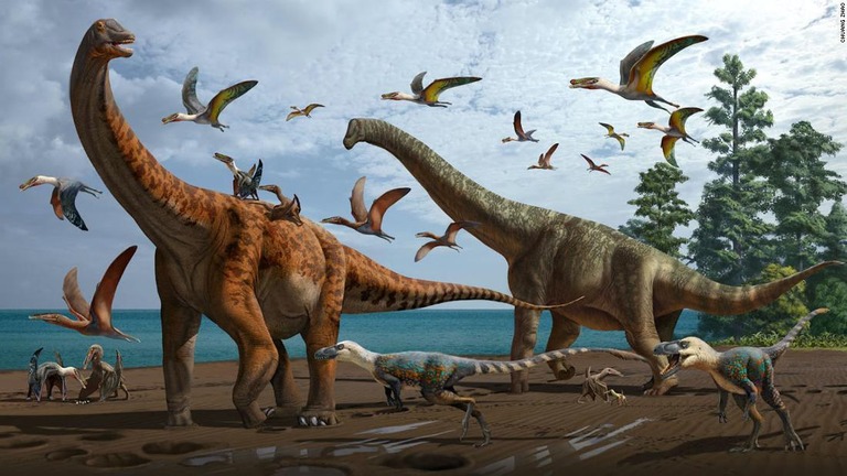 新種となる２種類の巨大恐竜のイメージ画。周囲には他の恐竜なども描かれている/Chuang Zhao