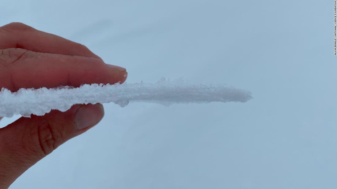 雪の上に雨が降ったことでできた薄い氷片=14日、グリーンランド山頂/ Alicia Bradley/National Science Foundation