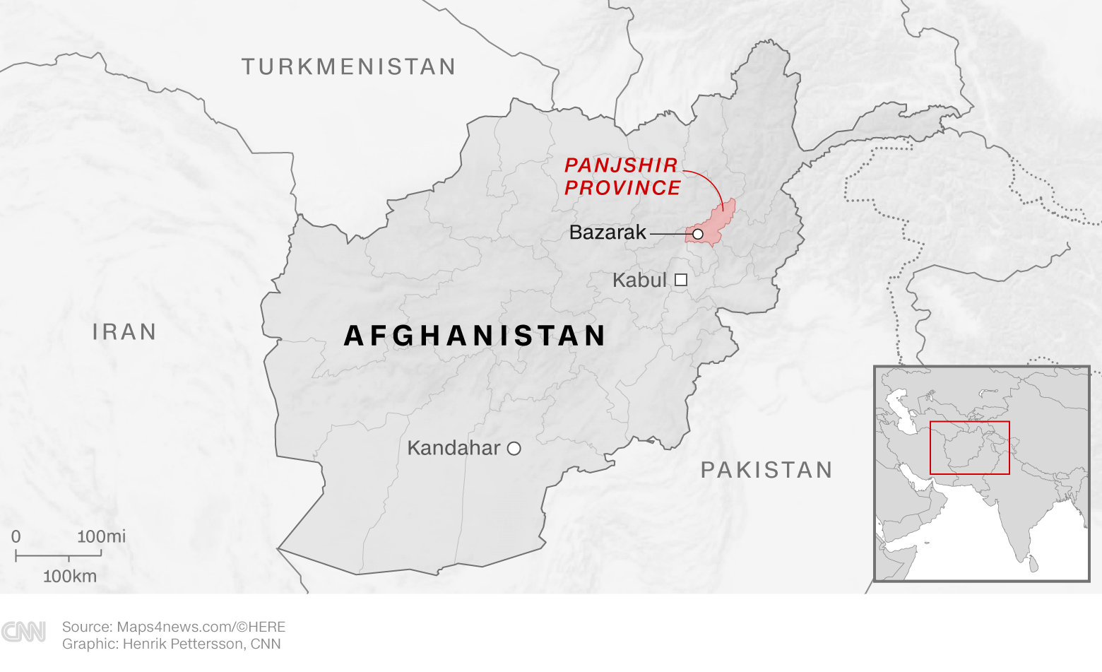 パンジシール州は首都カブールの北にある/Source: Maps4news.com/HERE Graphic:Henrik Pettersson, CNN