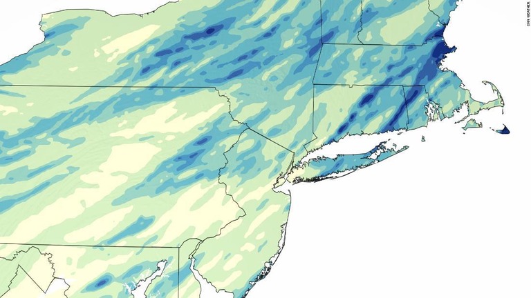 嵐は８日遅くにニューヨーク市の都市部を進むとみられている/CNN Weather