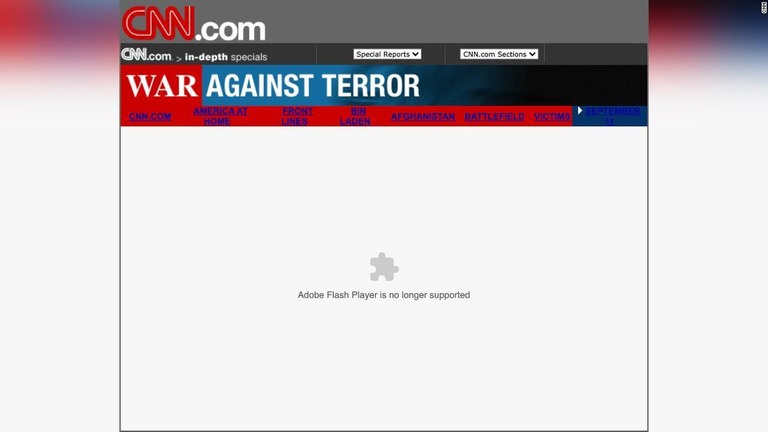 「フラッシュ」のサポート終了を伝えるページ/CNN