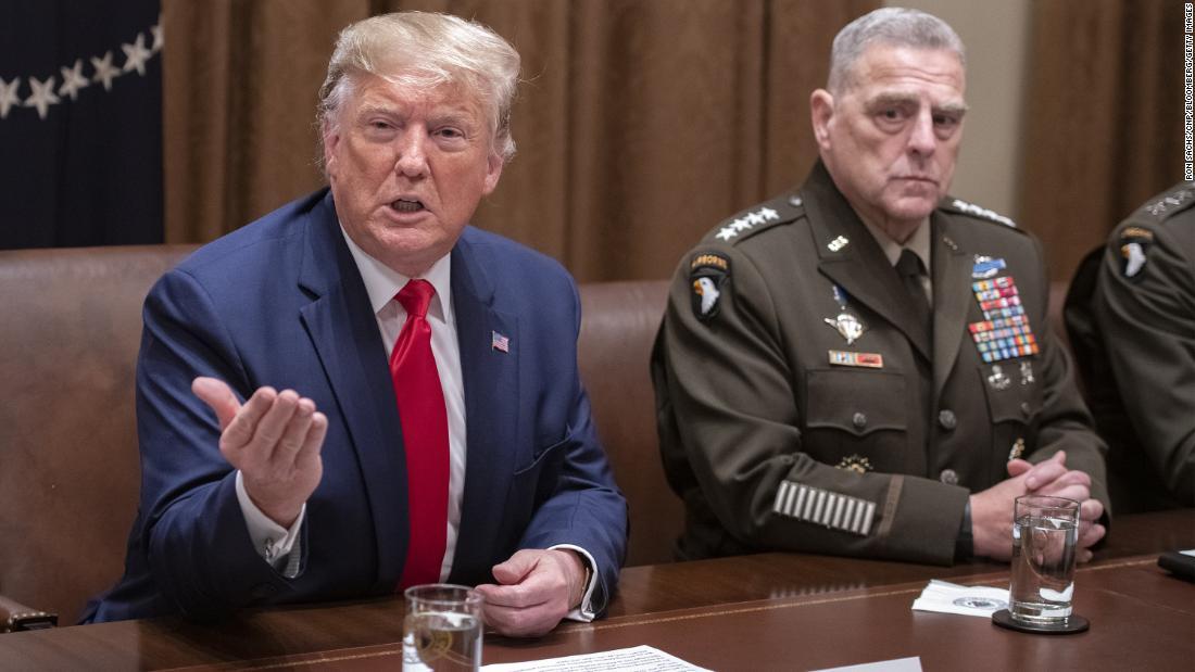 記者に話すトランプ氏(左)とマーク・ミリー氏(右)=2019年10月7日、米ワシントン/Ron Sachs/CNP/Bloomberg/Getty Images