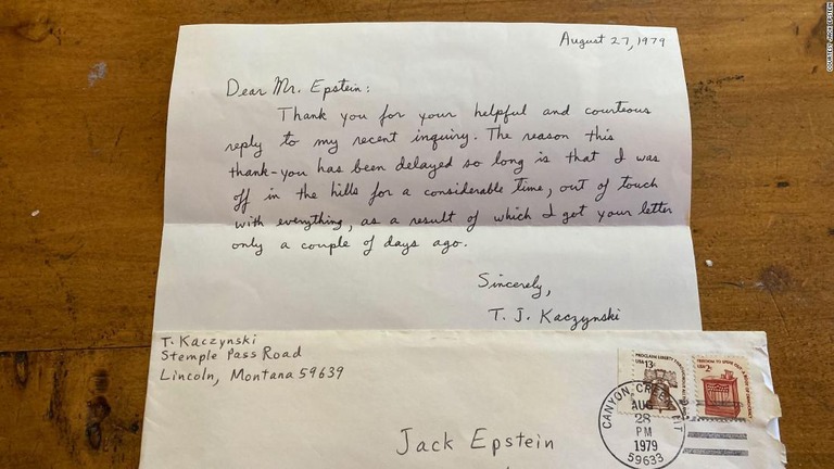 ジャック・エプスタイン氏に送られていた、「ユナボマー」ことセオドア・カジンスキー受刑者からの手紙/Courtesy Jack Epstein