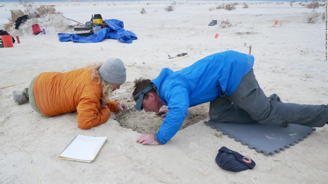 米地質調査所の研究者が足跡の調査をする様子/Courtesy Mattew Bennett/Bournemouth University