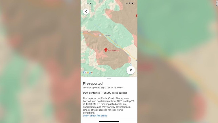 米グーグルの地図アプリに山火事の状況を確認できる新機能が追加される/Google