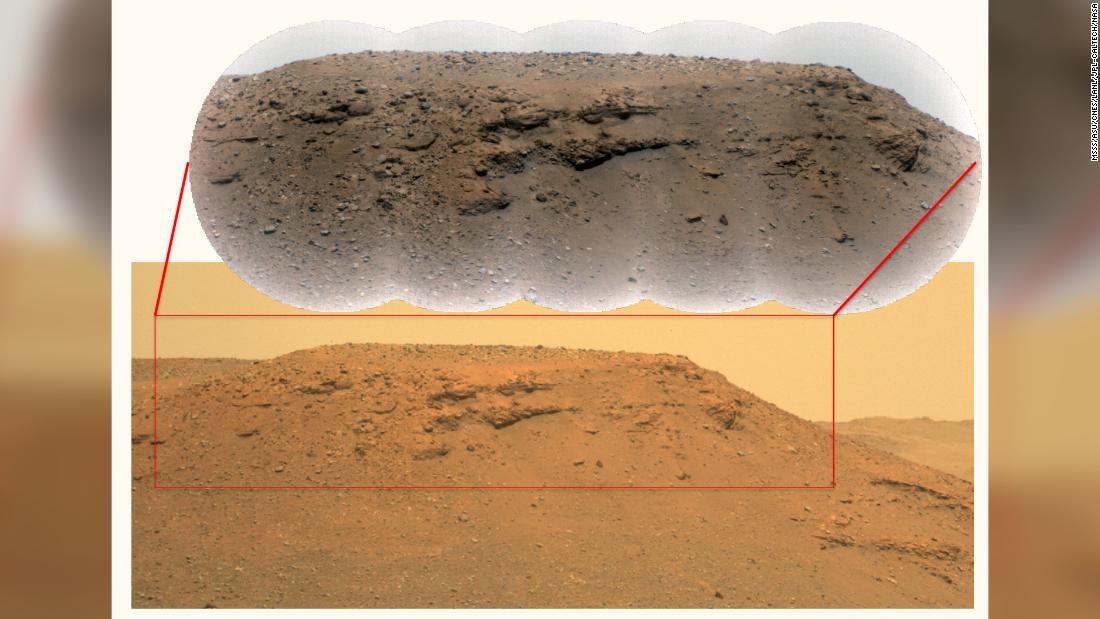 ジェゼロ・クレーターの「デルタ・スカープ」の合成画像。急ながけのある大地と底の部分が両方写り、興味深い地質学的特徴が捉えられている/MSSS/ASU/CNES/LANL/JPL-Caltech/NASA