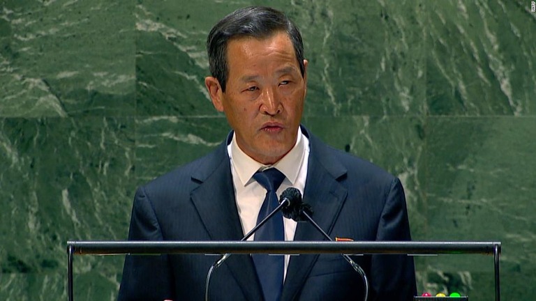 先月２８日の発射実験直後、国連総会で演説する北朝鮮の金星（キムソン）国連大使/UNTV