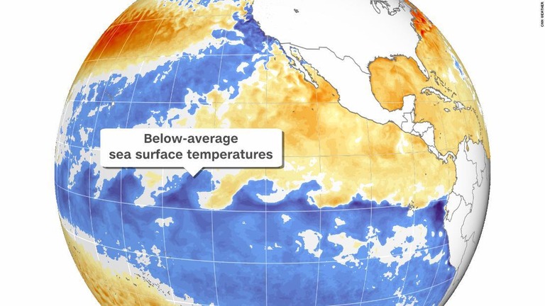 ラニーニャ現象が起きると赤道近くの太平洋中部と東部の海面水温が平均より低くなる/CNN Weather