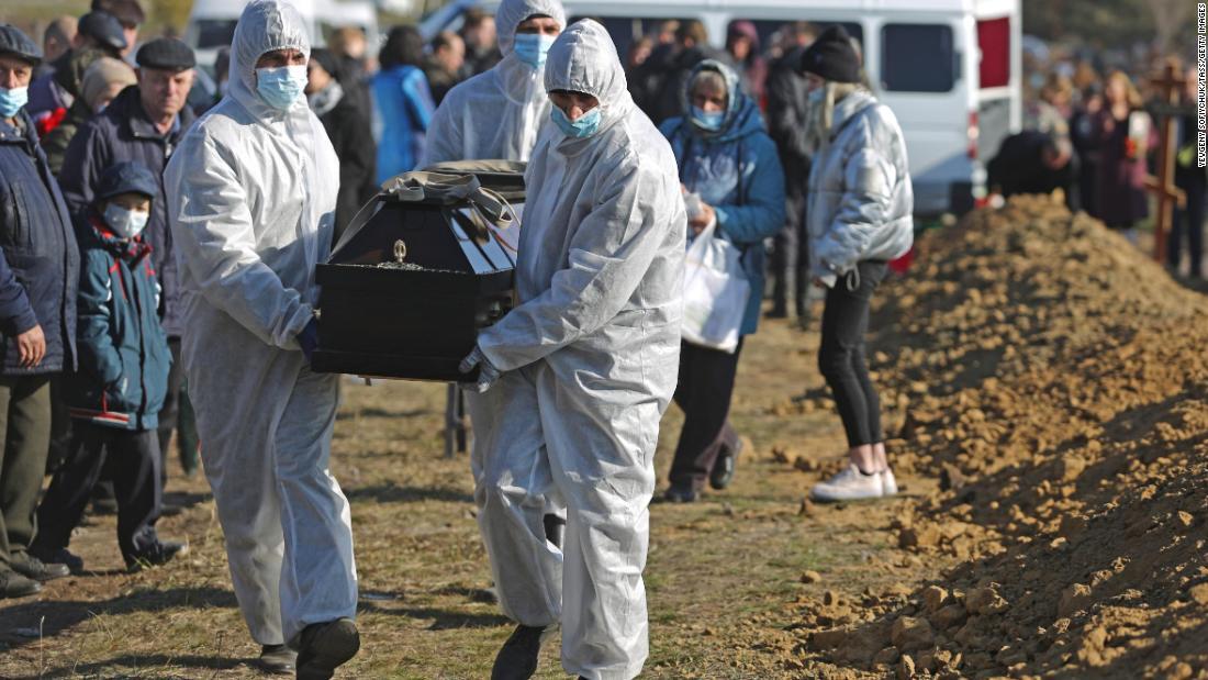新型コロナによる死者を埋葬する人々=ロシア中部オムスクの墓地/Yevgeny Sofiychuk/TASS/Getty Images
