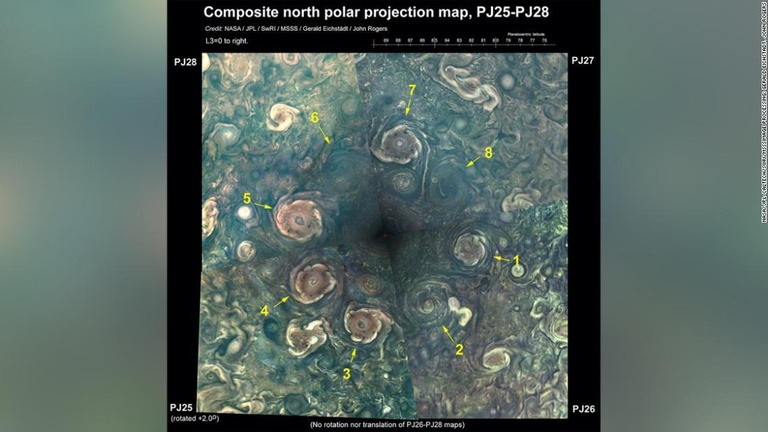 木星の北極に８角形の形に分布する８つのサイクロン/NASA/JPL-Caltech/SwRI/MSSSImage processing: Gerald Eichstädt, John Rogers
