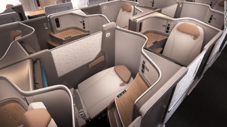 レカロの座席は１８０度のリクライニングが可能で、交互に配置されているため、どの席からも直接通路に出ることができる/RECARO Aircraft Seating