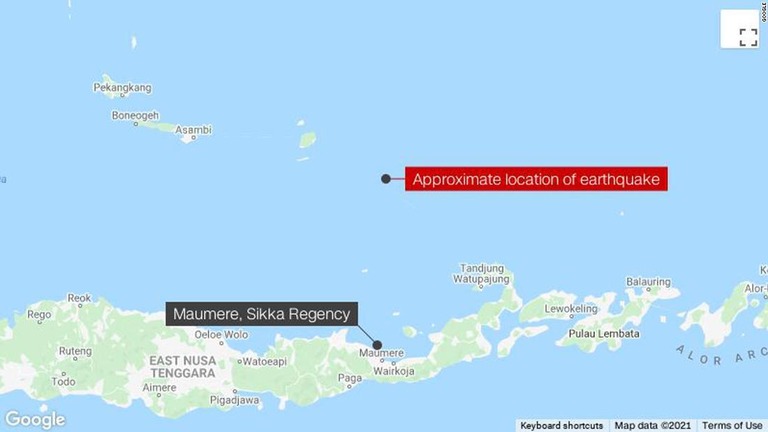 インドネシア・フロレス島マウメレの北の沖合でＭ７．３の地震が発生した/Google