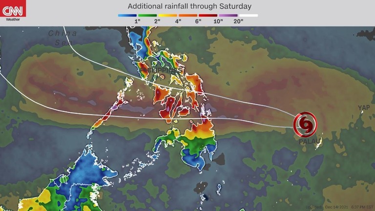 台風２２号（ライ）が１６日にもフィリピンの南部や中央部に到達する予報となっている/CNN Weather