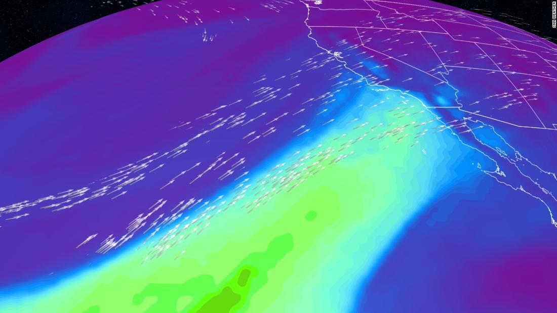今週末に米西部沿岸部に流れ込む水蒸気の流れを予測したコンピュータモデル/CNN Weather