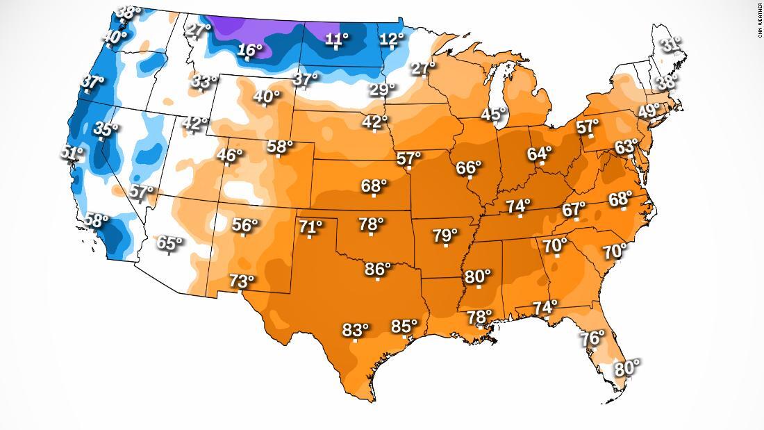 25日の予測気温。オレンジ色が平年を上回る地域/CNN Weather