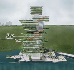マングローブからヒントを得た都市のコンセプトは垂直に展開し、研究センターや市場、展示場などがまとまり、都市と自然との垣根も越える