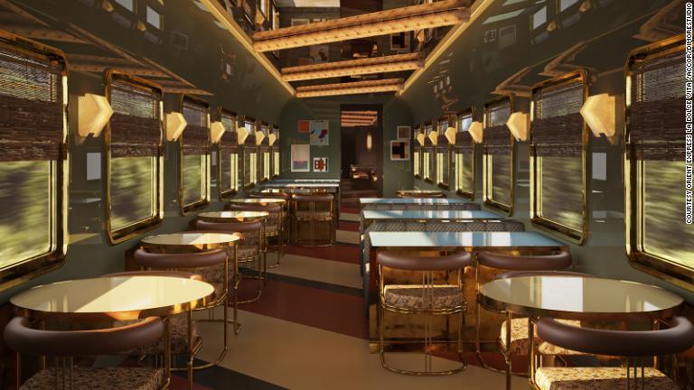 オリエント急行ラ・ドルチェ・ビータは計６本の列車で構成される。各列車には豪華客室１２室やスイート１８室、「名誉スイート」１室、食堂車が備えられている/Courtesy Orient Express La Dolce Vita /Accor/Dimorestudio